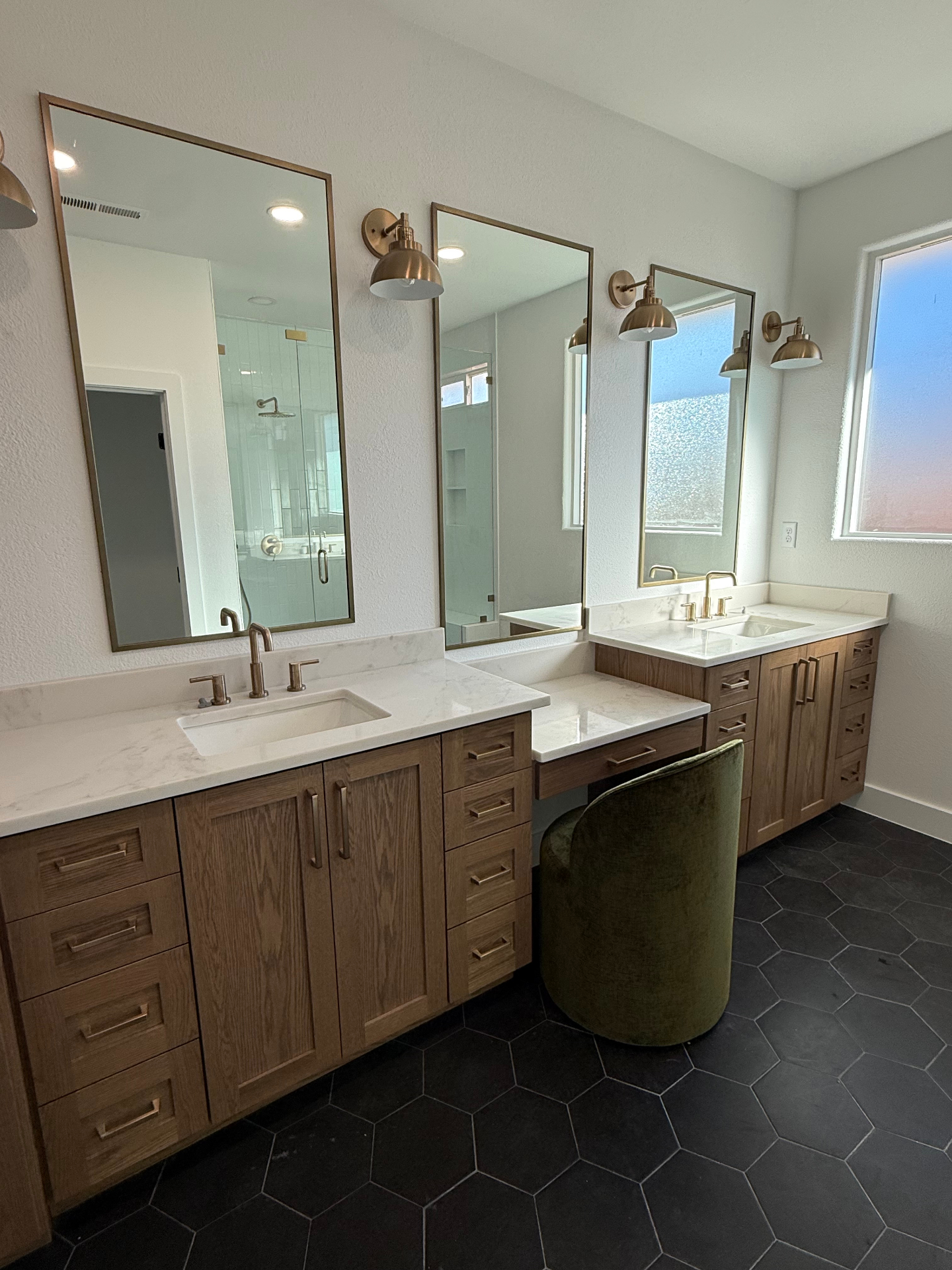 Master Bath — Dual Oak Vanity & Brass Sconces